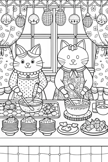 A coloring page of Super pets cooking competition