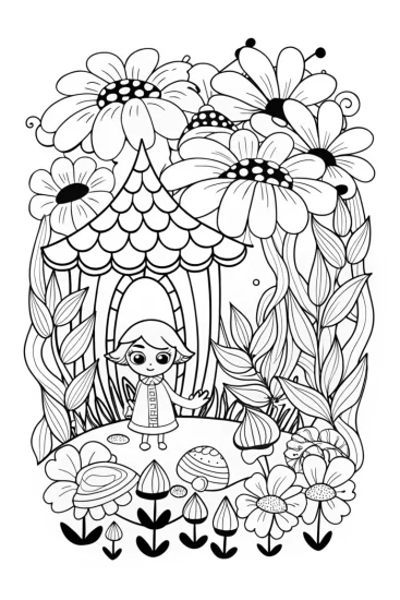A coloring page of Gabby in a magical garden