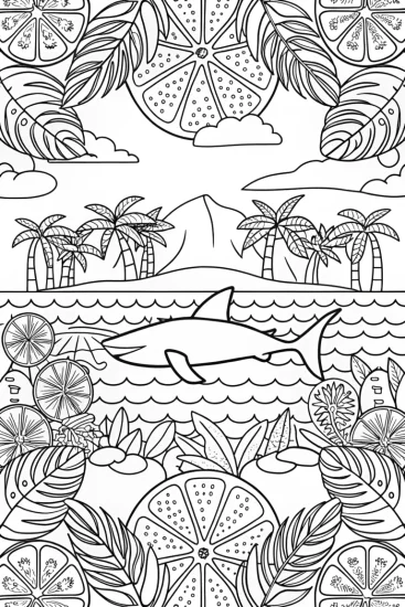 A coloring page of Shark’s great adventure on fruit island