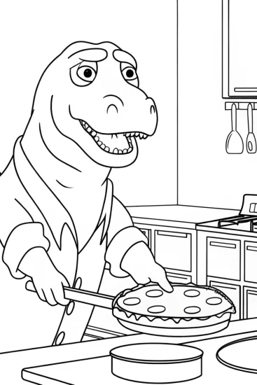 A coloring page of Godzilla cooking pancakes