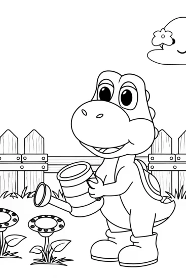 A coloring page of Yoshi watering space plants