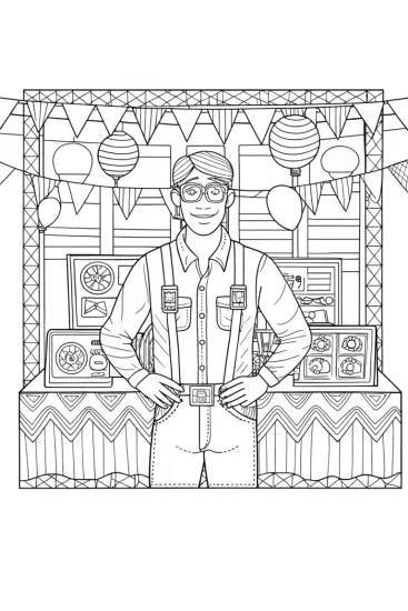 A coloring page of Blippi at the science fair