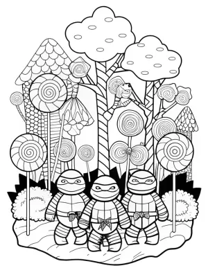 Ninja Turtles in a candy forest coloring pages