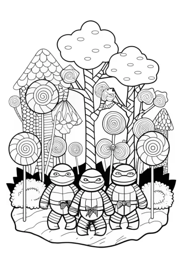 A coloring page of Ninja Turtles in a candy forest