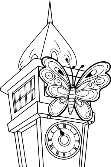 A coloring page of Butterfly timekeeper in a clock tower