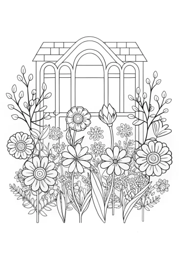 A coloring page of Flowers sharing stories in a garden