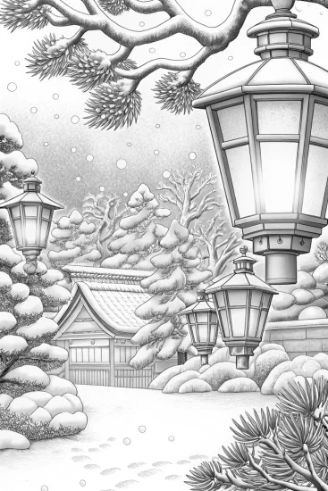 A coloring page of Christmas lantern festival in the snow