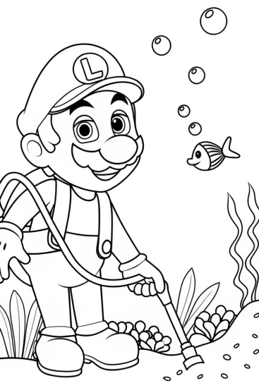 A coloring page of Luigi underwater gardening