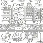 A bustling bakery scene with anthropomorphic pastries decorating Valentine’s Day treats Coloring Page