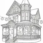 A vintage-style Victorian house with a porch covered in valentines and lanterns Coloring Page