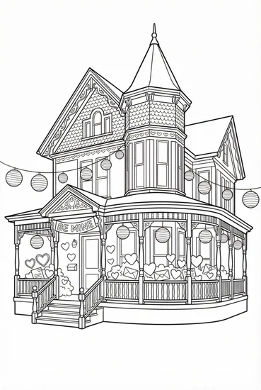 A coloring page of A vintage-style Victorian house with a porch covered in valentines and lanterns Coloring Page