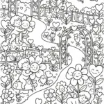 A whimsical garden filled with heart-shaped flowers and cuddly Cupid statues Coloring Page