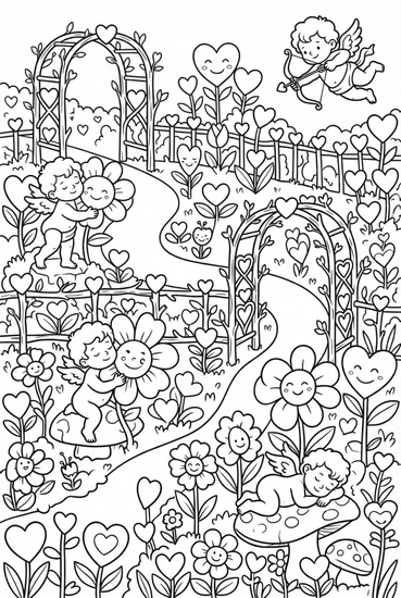 A coloring page of A whimsical garden filled with heart-shaped flowers and cuddly Cupid statues Coloring Page