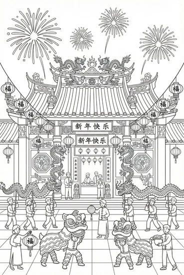 A coloring page of Chinese New Year Temple Coloring Page