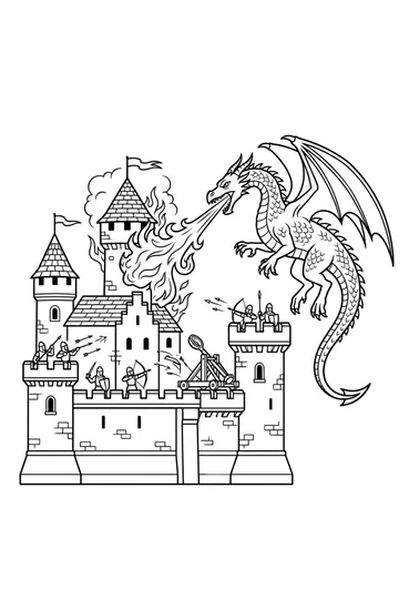 A coloring page of Dragon Castle Attack Coloring Page