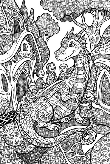 A coloring page of Dragon’s Village Playtime Coloring Page