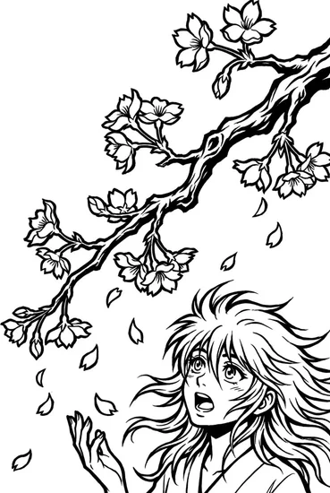 A coloring page of Falling Cherry Blossoms Coloring Page