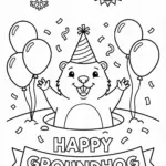 Groundhog Day Illustration with a Groundhog in a Party Hat Coloring Page