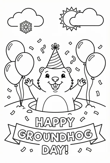A coloring page of Groundhog Day Illustration with a Groundhog in a Party Hat Coloring Page