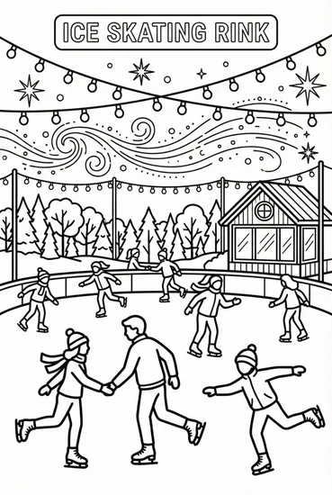 A coloring page of Ice Skating Rink with Figures and Colorful Lighting Coloring Page