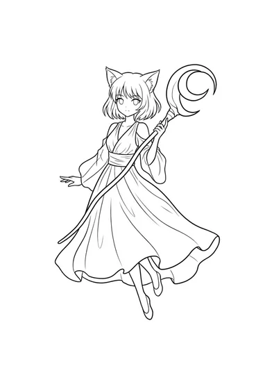 A coloring page of Magical Anime Kitty Coloring Page