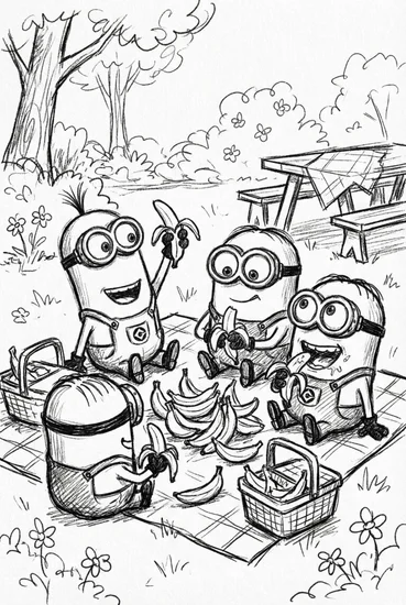 A coloring page of Minions Banana Picnic Coloring Page