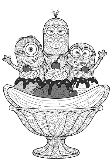 A coloring page of Minions Banana Split Fun Coloring Page