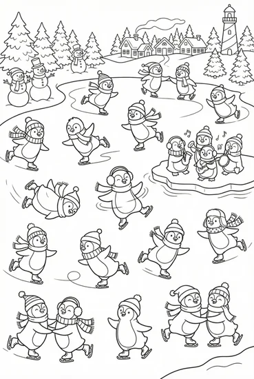 A coloring page of Penguins Ice Skating Coloring Page