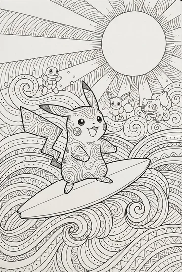 A coloring page of Pikachu Beach Surf Coloring Page