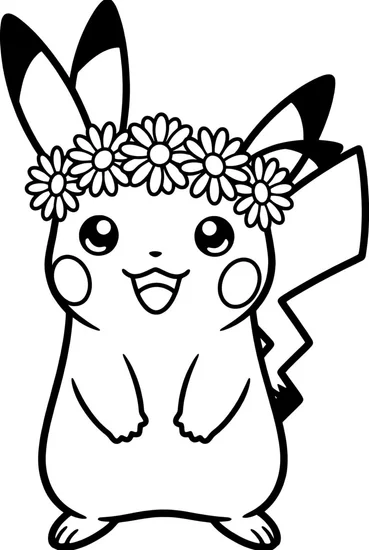 A coloring page of Pikachu Flower Crown Coloring Page