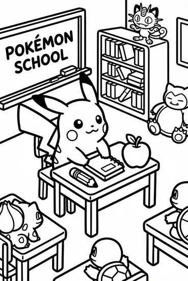 A coloring page of Pikachu’s Classroom Fun Coloring Page