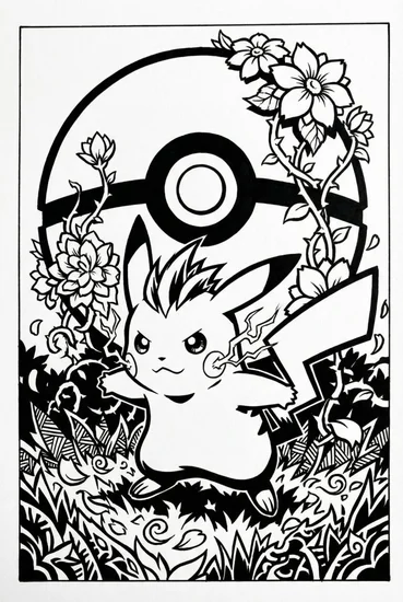 A coloring page of Pikachu’s Floral Garden Coloring Page