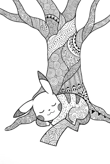 A coloring page of Pikachu’s Treehouse Slumber Coloring Page