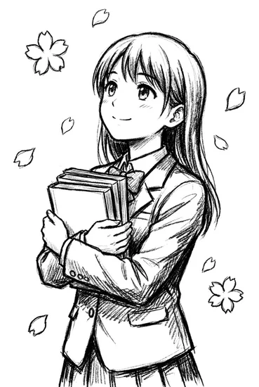 A coloring page of Sakura Schoolgirl Scene Coloring Page