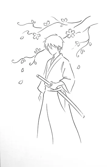 A coloring page of Samurai Cherry Blossom Garden Coloring Page
