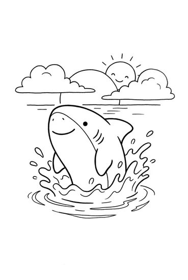 A coloring page of Shark Sunset Splash Coloring Page