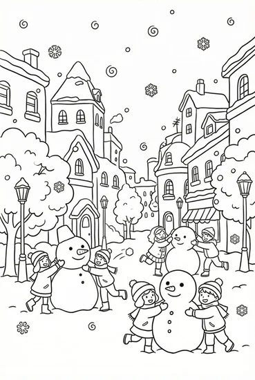 A coloring page of Snowy City Fun Coloring Page