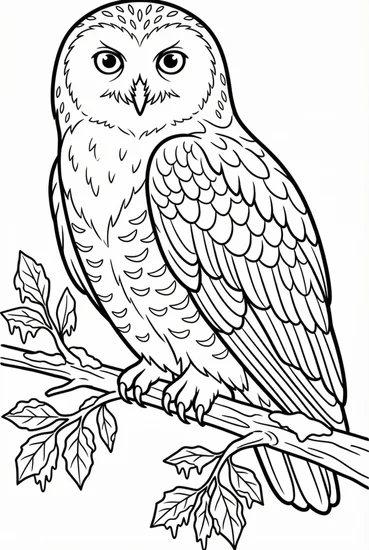 A coloring page of Snowy Owl Perched on a Branch with Frosty Leaves Coloring Page