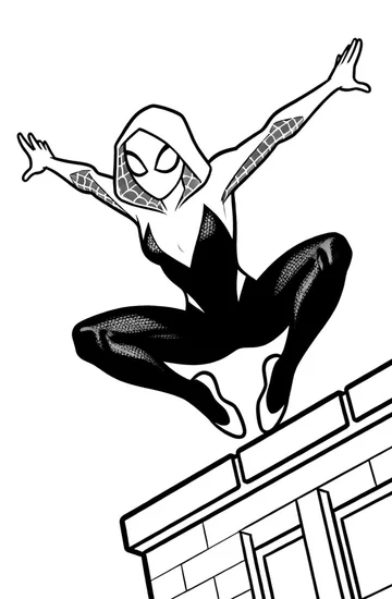 A coloring page of Spider-Gwen Rooftop Leap Coloring Page