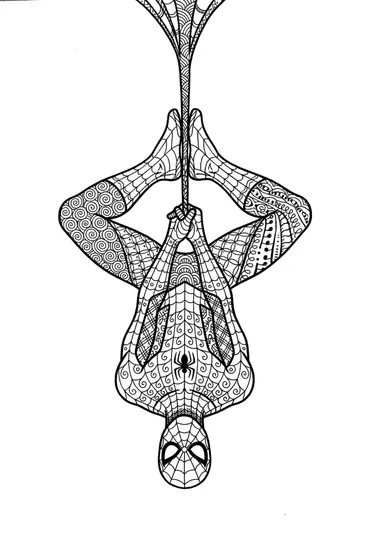 A coloring page of Spiderman’s Upside Down Hang Coloring Page