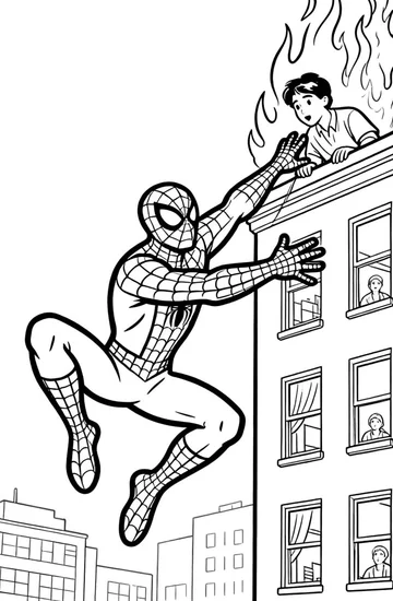 A coloring page of Spiderman Saves the Day Coloring Page
