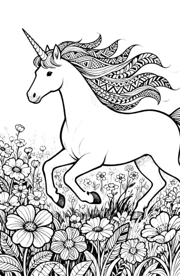 A coloring page of Unicorn Flower Meadow Run Coloring Page