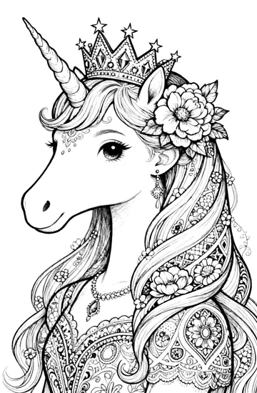 A coloring page of Unicorn Princess Crown Coloring Page