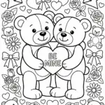 Valentine’s Day Teddy Bears with Hearts and Flowers Coloring Page