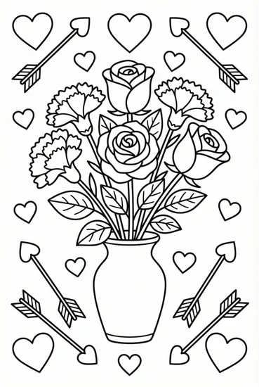 A coloring page of Valentine’s Flower Bouquet Coloring Page