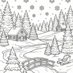 Winter Wonderland Scene with Snowflakes and Pine Trees Coloring Page