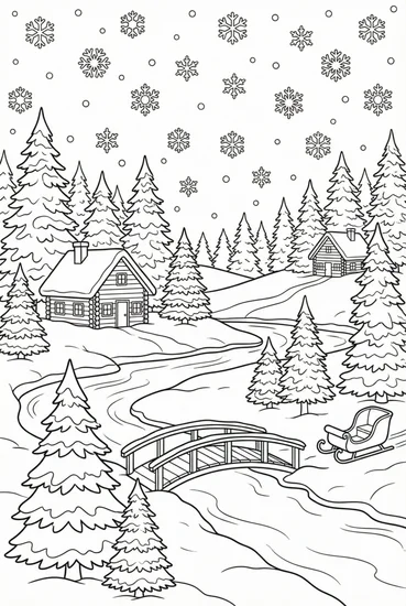 A coloring page of Winter Wonderland Scene with Snowflakes and Pine Trees Coloring Page