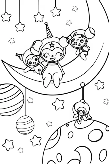 A coloring page of Kuromi on a moonlit mission