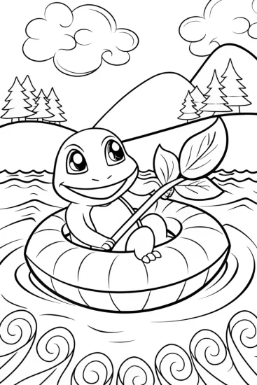 A coloring page of Charmander’s Leaf Raft Adventure Coloring Page
