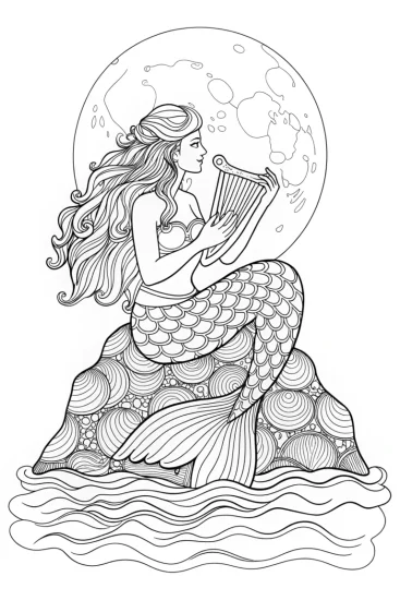 A coloring page of Mermaid’s Moonlit Melody Coloring Page